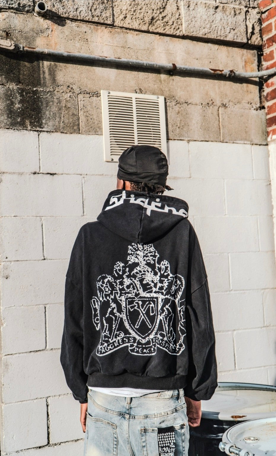 Shafra black hoodie back graphic campaign